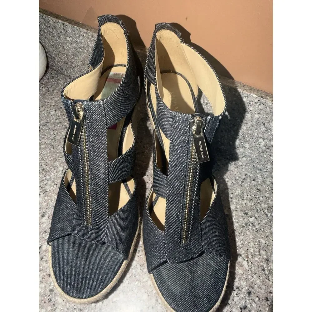 MICHAEL Michael Kors DENIM Etta Linen Blend Zip Wedge Sandal NEW OTHER Size 9.5 - Picture 5 of 8